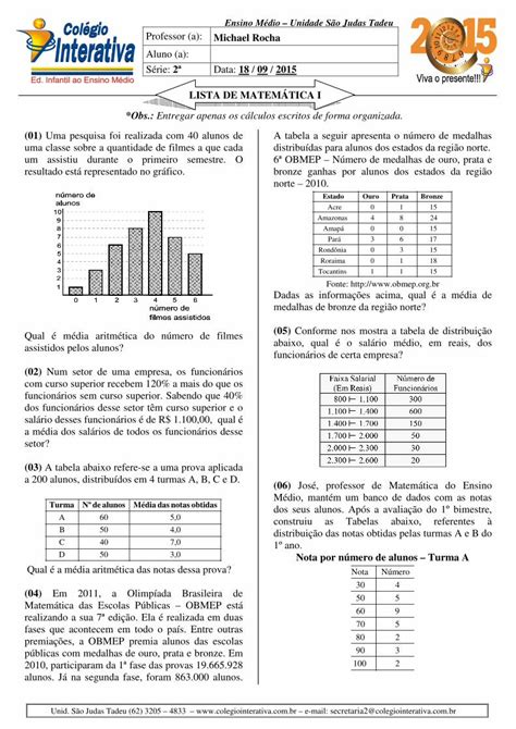 PDF Aluno a Série 2ª Data 18 09 2015 LISTA DE MATE MÁTICA I Ao