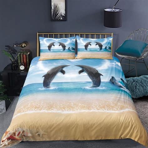 Parure De Lit Dauphins Coeur Mer Plage Romantique 150 200 Cm 3D Effet 3