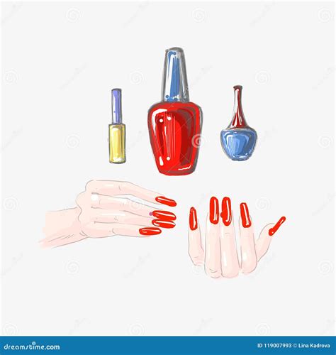 Nail Art And Nail Polish Set Beautiful Female Hands With Red Nails