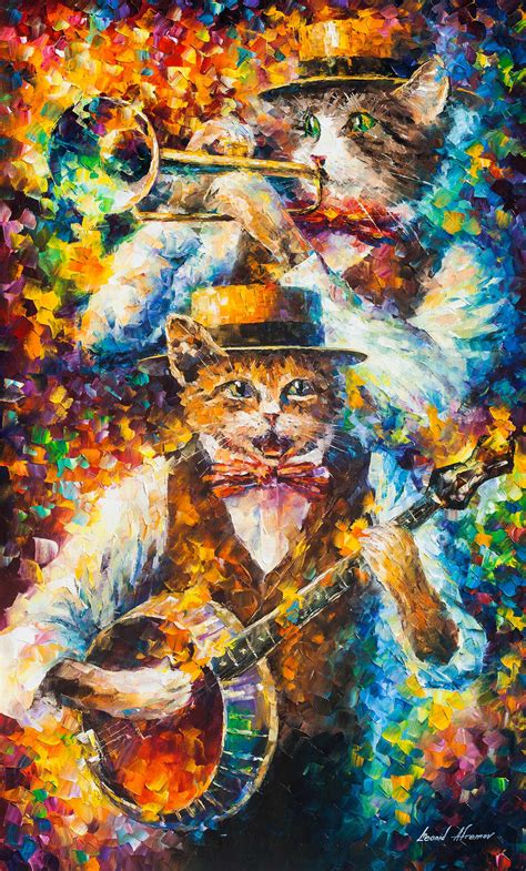 Banjo Music of Cats - Palette Knife Oil Painting On Canvas By Leonid ...