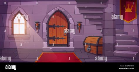 Underground Dungeon In Castle Basement With Old Wooden Door Vector Cartoon Illustration Of Day