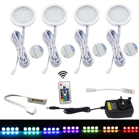 4 RGB Color Changing LED Under Cabinet Puck Light Downlight+RF Remote Dimmable for Kitchen ...