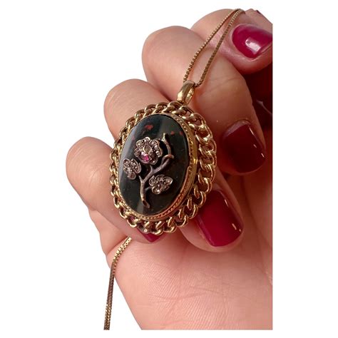 Victorian Era 18K Gold Pendant With Diamond Ruby Flower On Bloodstone