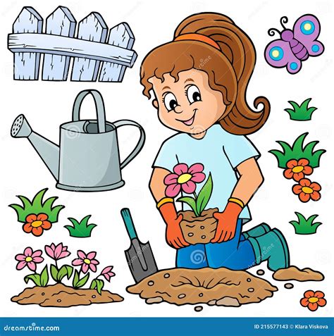 Girl Gardener Caring For A Houseplant In The Pot Vector Illustration