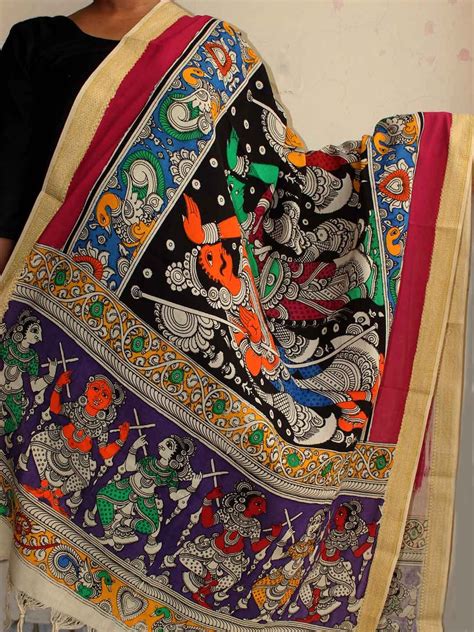 Multicolour Leaves Handpainted Kalamkari Cotton Dupatta Shilphaat