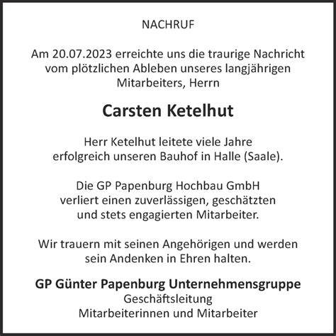 Traueranzeigen Von Carsten Ketelhut Abschied Nehmen De