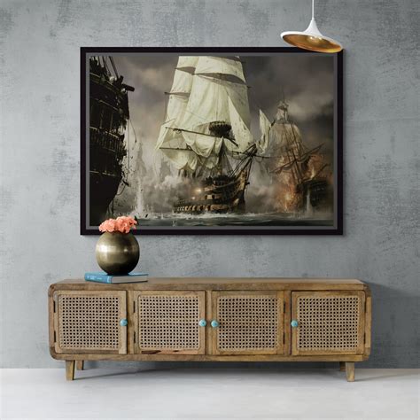 Ship Wars Wall Art Pirate Ship Framed Canvas Sea War Rolled Canvas