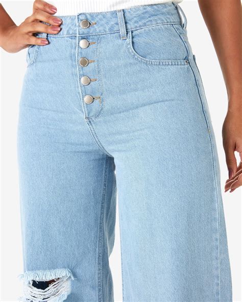 Riachuelo Cal A Jeans Feminina Wide Leg Destroyed Es Denim Claro