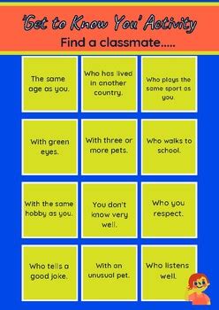 Get To Know Your Classmates Bingo Activity Sheet End Of Year Summer