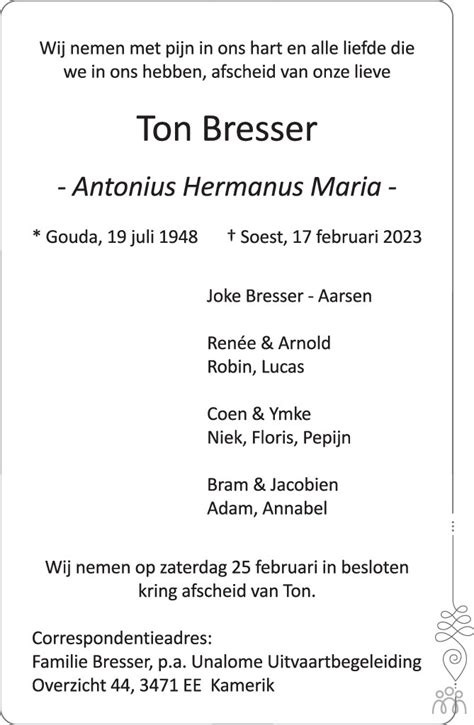 Ton Antonius Hermanus Maria Bresser 17 02 2023 Overlijdensbericht En