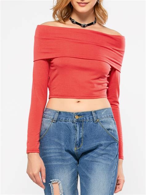 Long Sleeve Off Shoulder Crop Top Black Red Ad Shoulder Sleeve