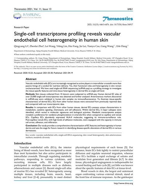 Pdf Single Cell Transcriptome Profiling Reveals Vascular Endothelial