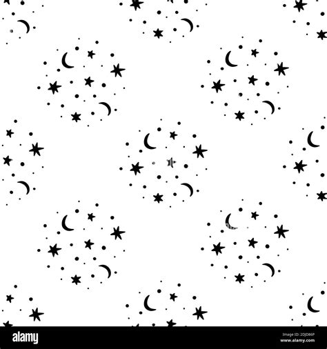 Celestial Seamless Pattern In Black Isolated On White Background With