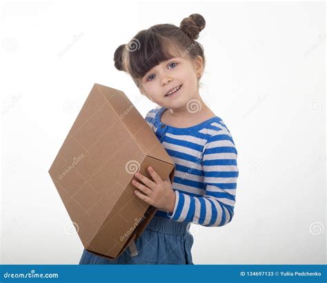 Happy Kid Holding Cardboard Boxes Delivery Of Goods Isolated Over