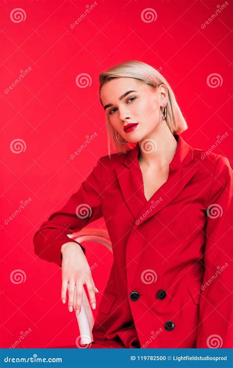 Portrait Of Blonde Stylish Girl Posing In Red Jacket Stock Photo Image Of Fashionable