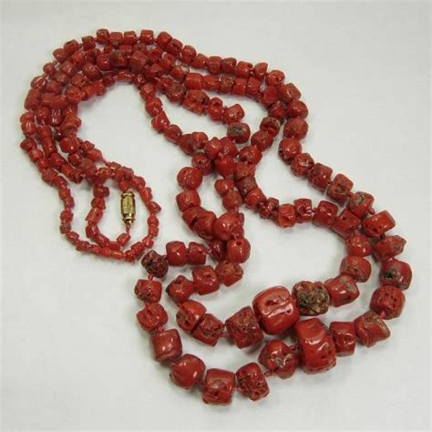 Pair 1970s Mediterranean Red Coral Necklaces Graduated Barrel Beads