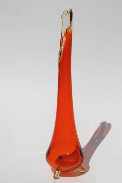 Tall Mod Art Glass Vase W Retro Flame Orange Color 60s Vintage Hand Blown Glass