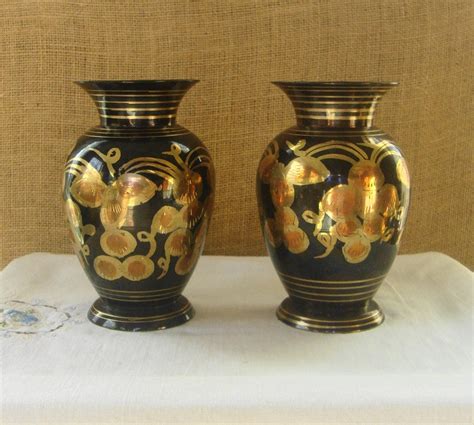 2 Vintage Brass Enamel Vases Made In India Pair Brass Vases 2