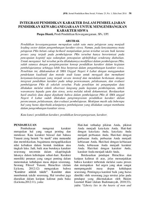 Pdf Integrasi Pendidikan Karakter Dalam Pembelajaran Pendidikan Kewarganegaraan Untuk