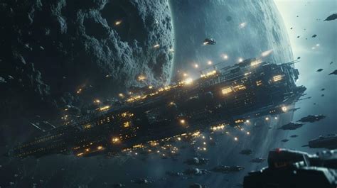 Cinematic Still, intense space battle between two massive battleships ...