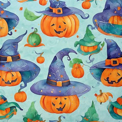 Seamless Pumpkin Pattern With Witch Hat Premium AI Generated Image