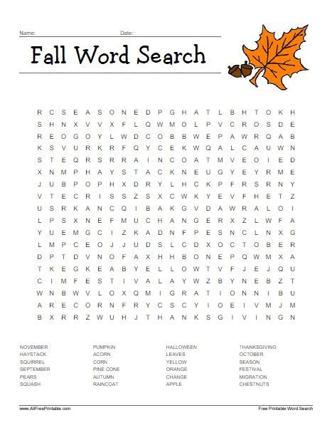 Fall Word Search Free Printable