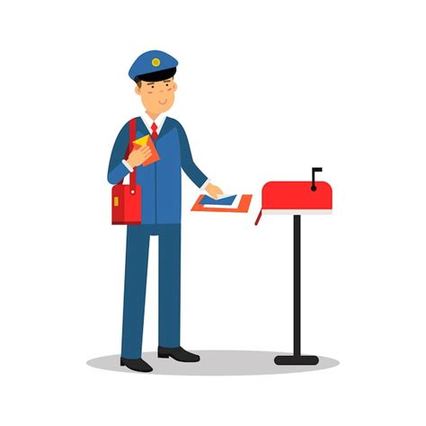 Premium Vector Postman In Blue Uniform Putting Letters In Mailbox