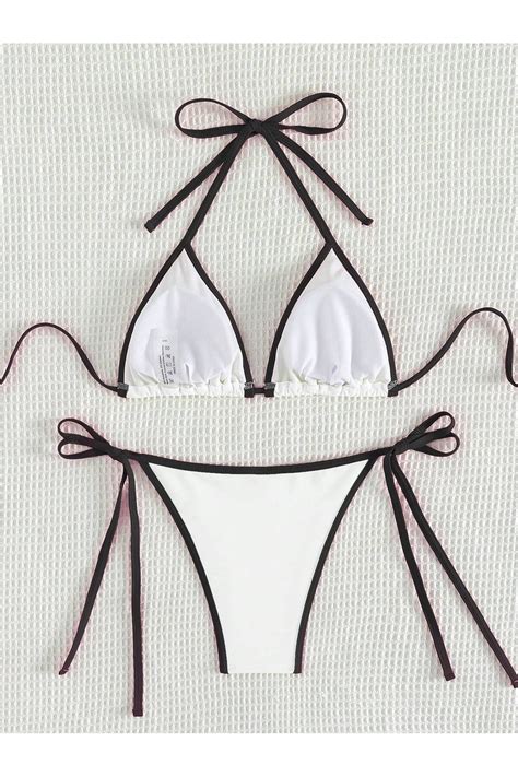 WEEST MODA Beyaz bikini Halter Kıvrılmış Kenar Detaylı Askılı Bikini Takımı İki Parçalı Bikini