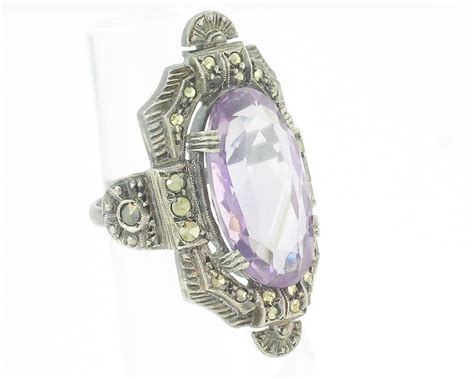 Art Deco Amethyst Statement Ring Sterling Silver Marcasite Ct