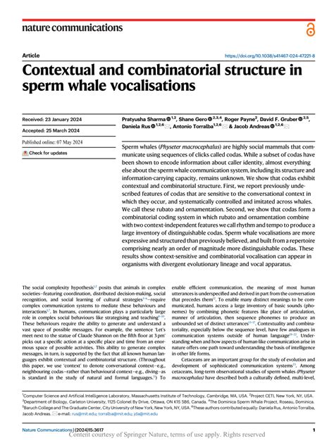 Pdf Contextual And Combinatorial Structure In Sperm Whale Vocalisations