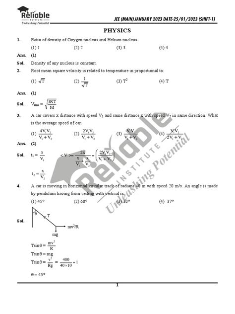 Jee Main 25 Jan 2023 Shift 1 Physics Memory Based Paper Solution Php