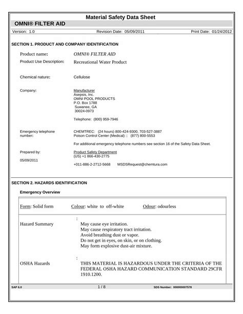 Pdf Material Safety Data Sheet Omni® Filter Aid · Poison Control