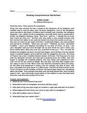 6th King Lear Pdf Name Date Reading Comprehension Worksheet