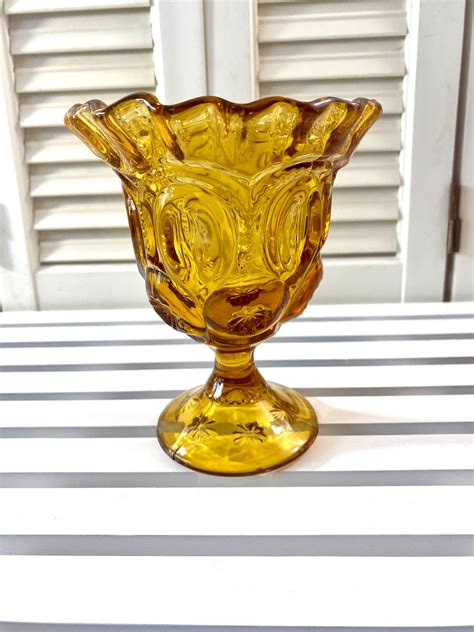 Vintage L E Smith Moon And Stars Amber Glass Crimped Compote Etsy