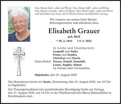 Traueranzeigen Von Elisabeth Grauer Augsburger Allgemeine Zeitung