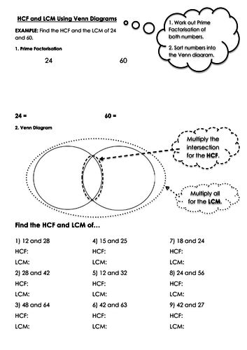 Ks34 Hcf And Lcm Using Venn Diagram Worksheet Teaching Resources