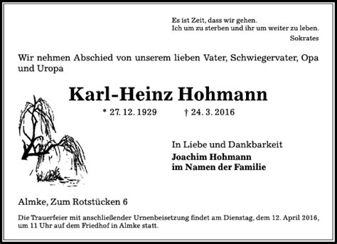 Traueranzeigen Von Karl Heinz Hohmann Trauer Anzeigen De