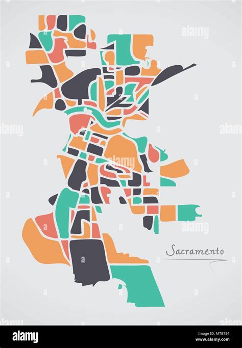 Sacramento California Map With Neighborhoods And Modern Round Shapes Stock Vector Image And Art