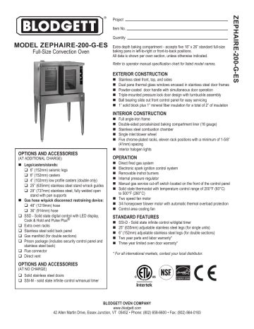 Blodgett Zephaire G Es Zephaire Sery Spec Sheet Manualzz