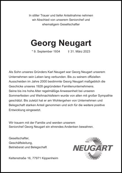 Georg Neugart Traueranzeige Badische Zeitung