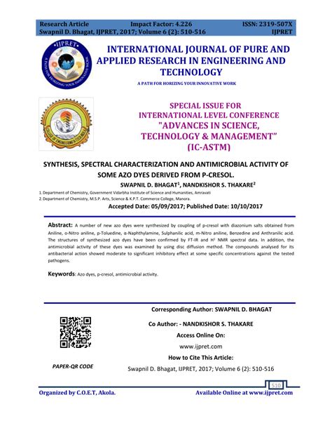 Pdf Synthesis Spectral Characterization And Antimicrobial Activity Of Some Azo Dyes Derived