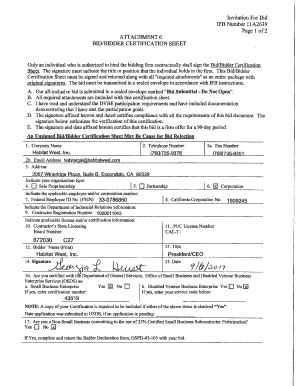 Fillable Online Attachment Bid Bidder Certification Sheet Ifb Number