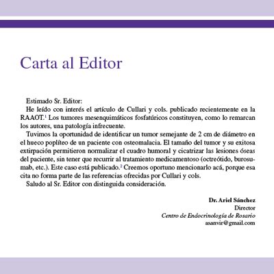 Carta al Editor Revista de la Asociación Argentina de Ortopedia y