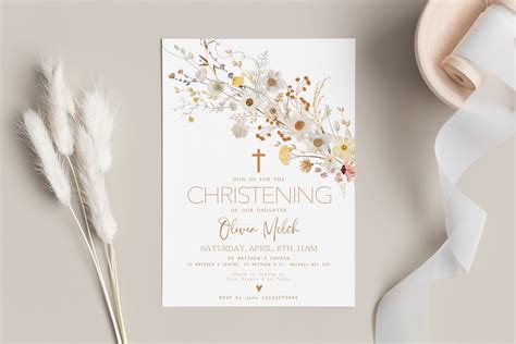 Pink Girls Christening Invitation Floral Boho Baptism Invitation Template Printable