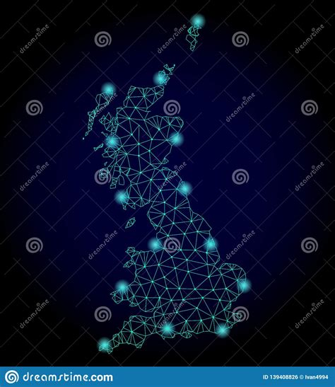 Polygonal Network Mesh Map Of Great Britain With Light Spots Stock