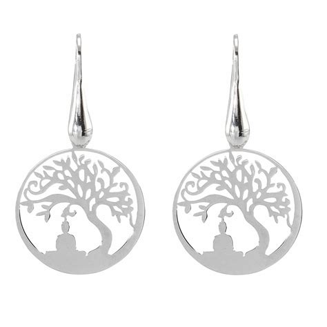 Boucles D Oreilles Pendantes Argent Rhodi Arbre De Vie Et Bouddha Mm