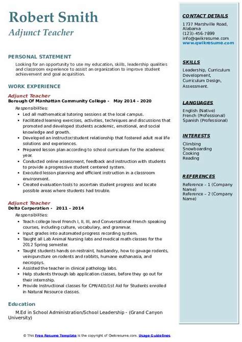 Adjunct Teacher Resume Samples Qwikresume