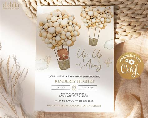 EDITABLE Boho Hot Air Balloon Baby Shower Invitation Template Boho Bear Baby Shower Invite Up