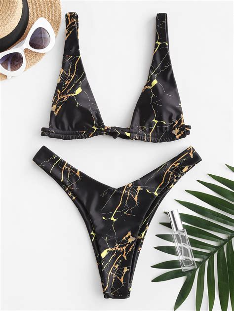 Off Zaful Tie Back Marble Print High Cut Bikini Swimsuit In