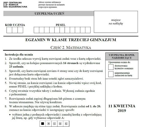 Egzamin Gimnazjalny 2019 Matematyka ARKUSZ CKE I ODPOWIEDZI Testy